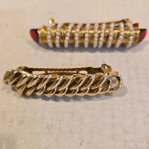 Hair Barrette Set of 2 Gold Links Wire-wrapped Amber Lucite Pearls 1990s